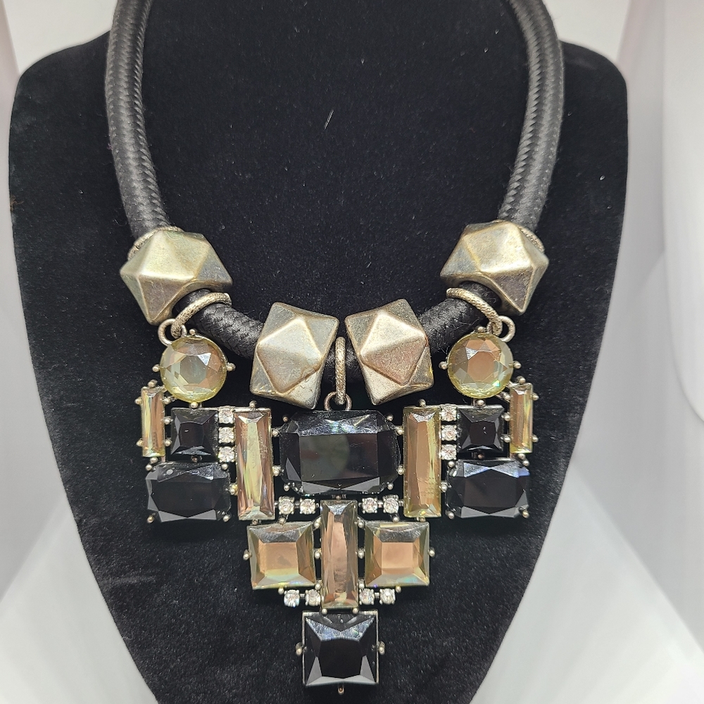 Statement Necklace Multi Color Black Costume Cord Faux Stones Cluster